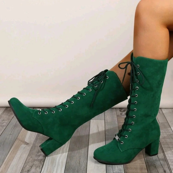 Fashionable Comfortable Green Round Toe Velvet Lace-Up Booties - Picture 1 of 7